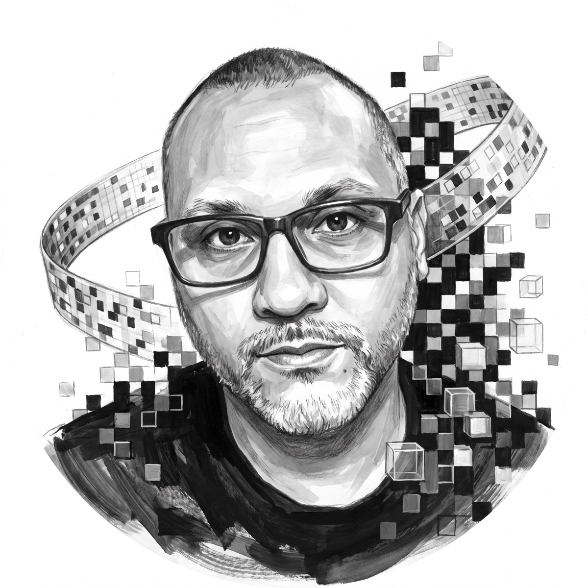 Illustrated portrait of Miguel Sanchez with pixels and a flowing digital ribbon